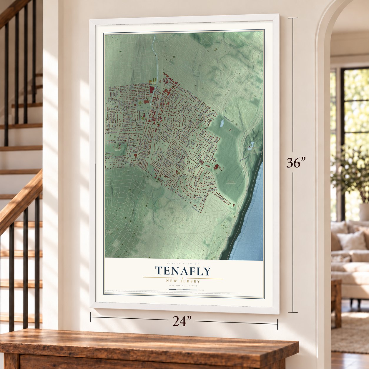 Tenafly, New Jersey map, 24 x 36 inch print in a white frame by a staircase