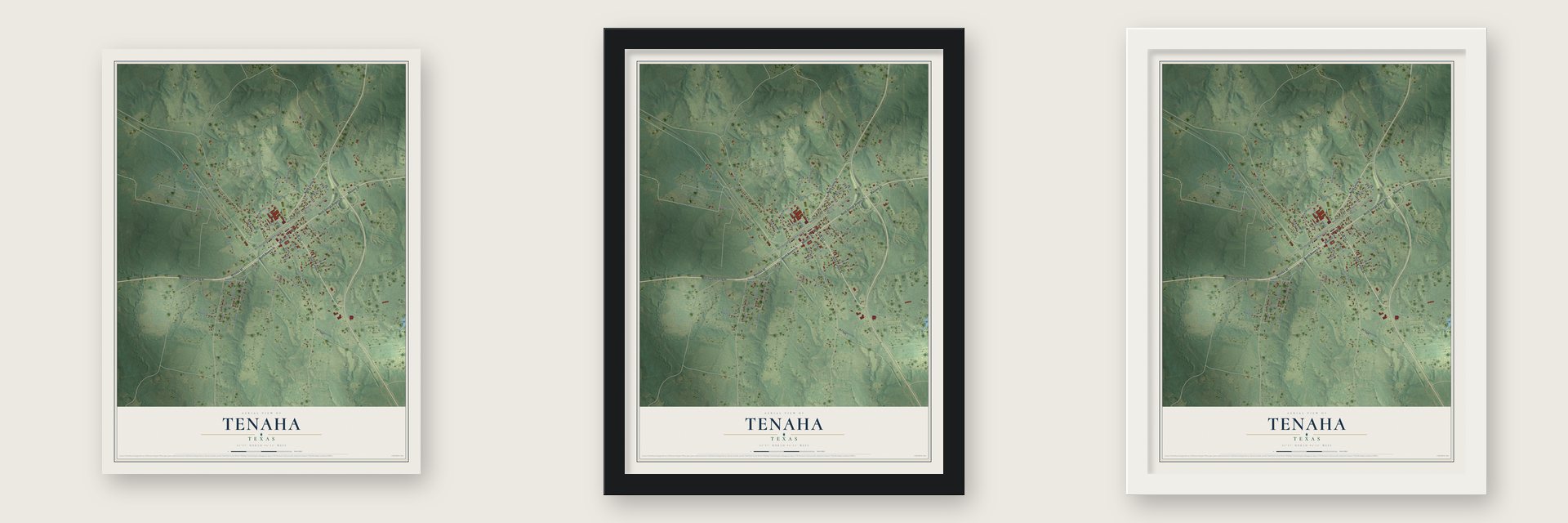 Tenaha, Texas map unframed, in a black wood frame and in a white wood frame
