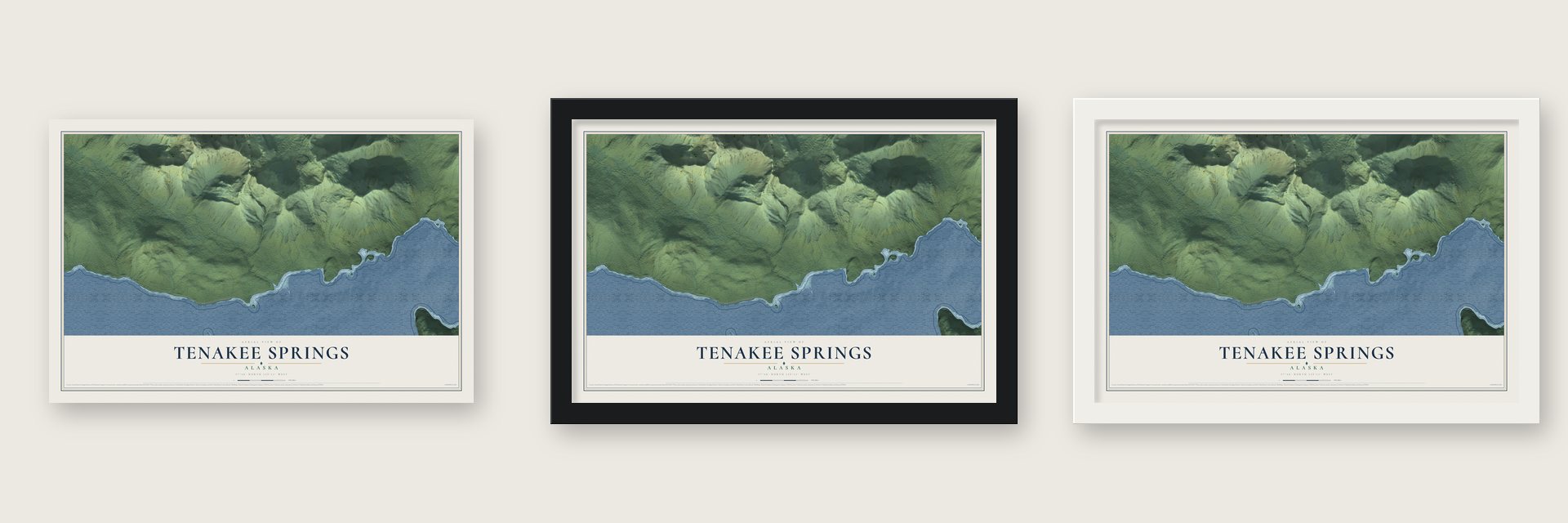 Tenakee Springs, Alaska map unframed, in a black wood frame and in a white wood frame