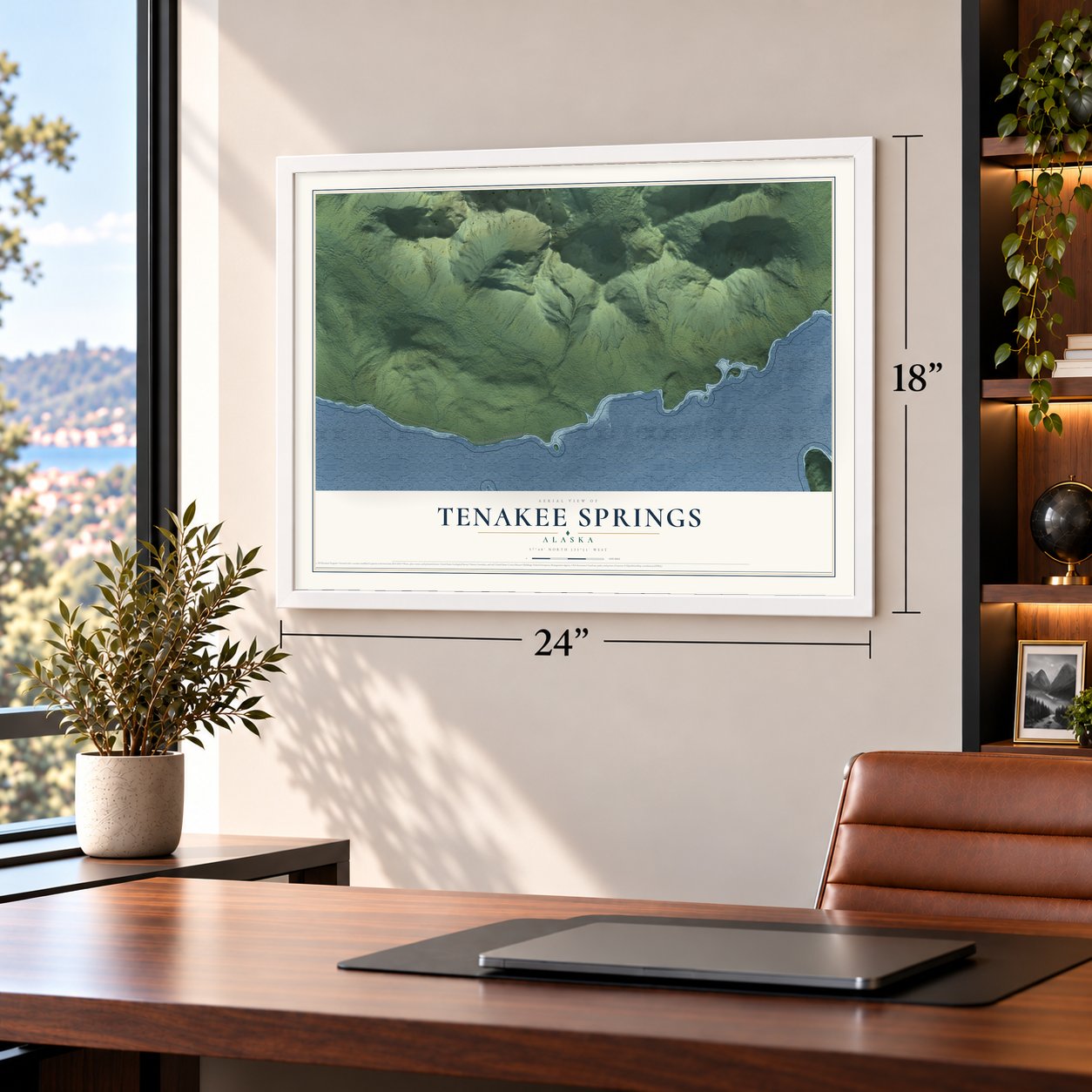 Tenakee Springs, Alaska map, 18 x 24 inch print in a white frame in a home office
