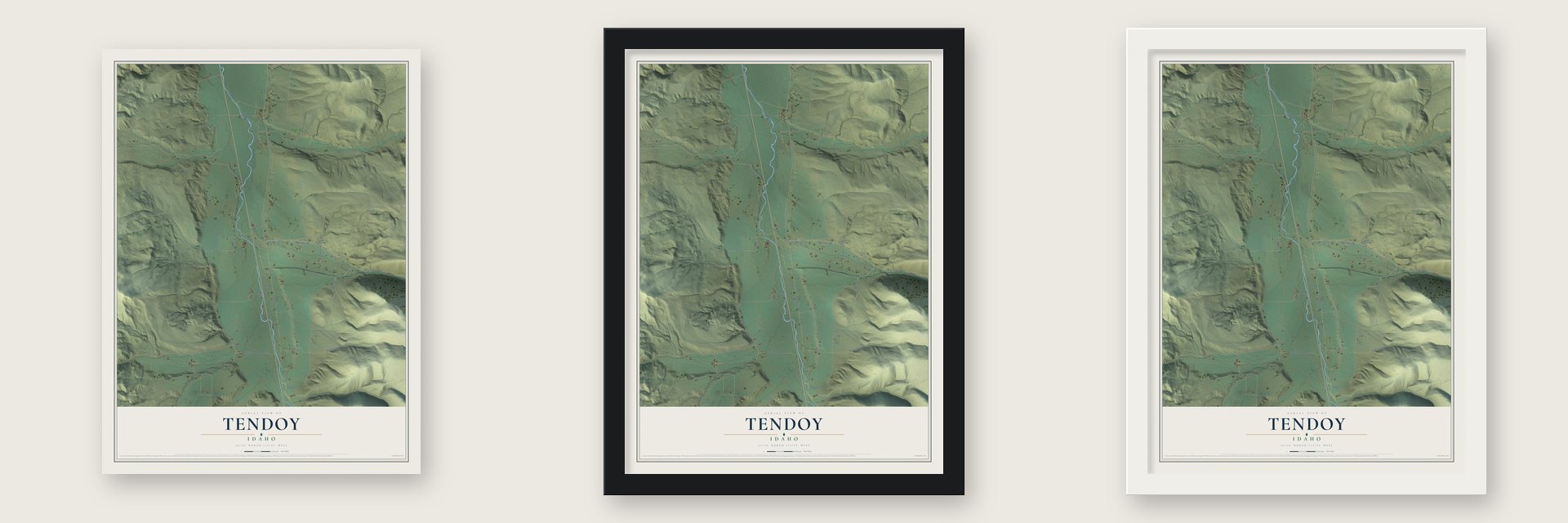 Tendoy, Idaho map unframed, in a black wood frame and in a white wood frame