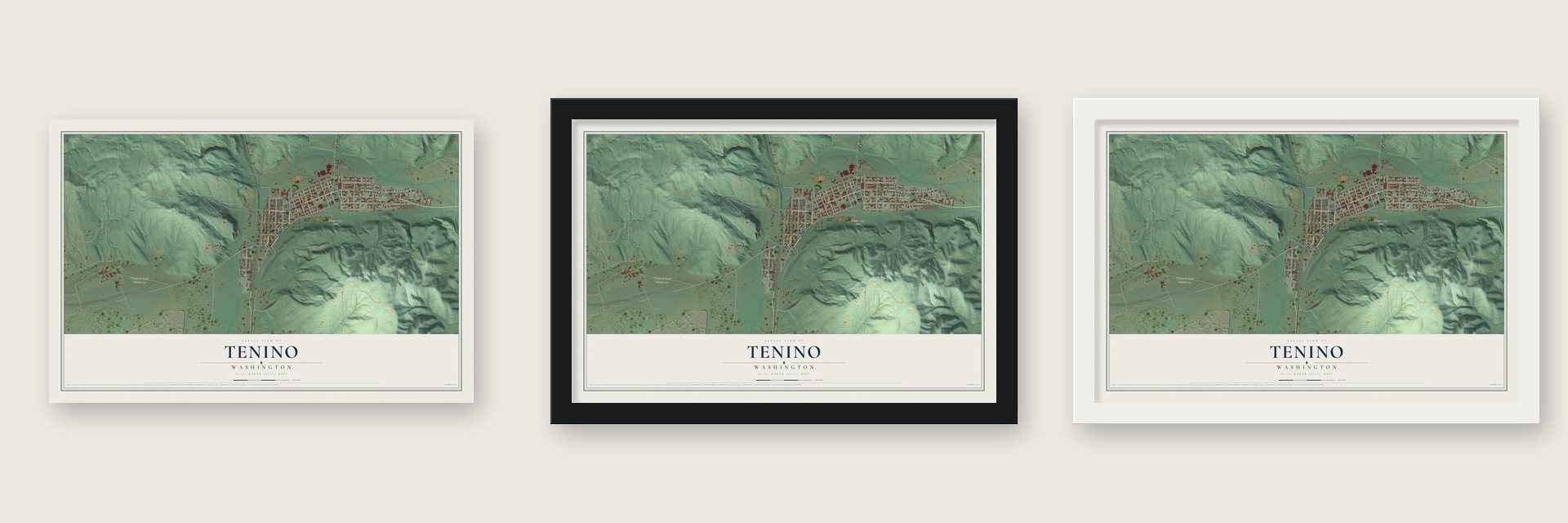 Tenino, Washington map unframed, in a black wood frame and in a white wood frame