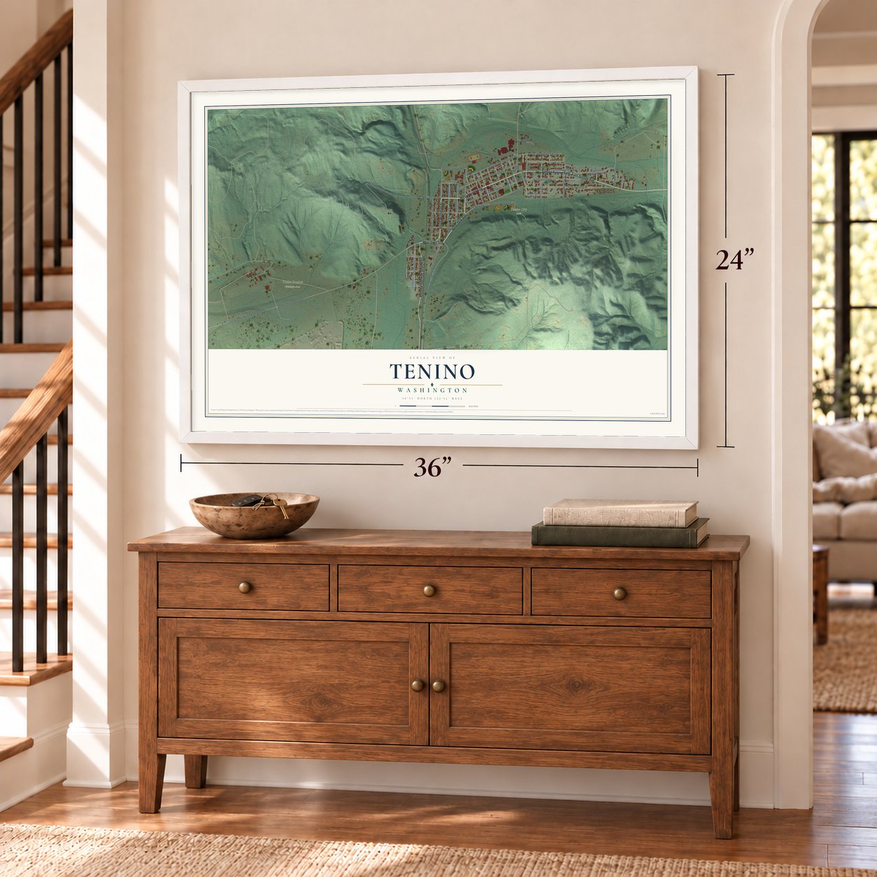 Tenino, Washington map, 24 x 36 inch print in a white frame above a dresser by a staircase