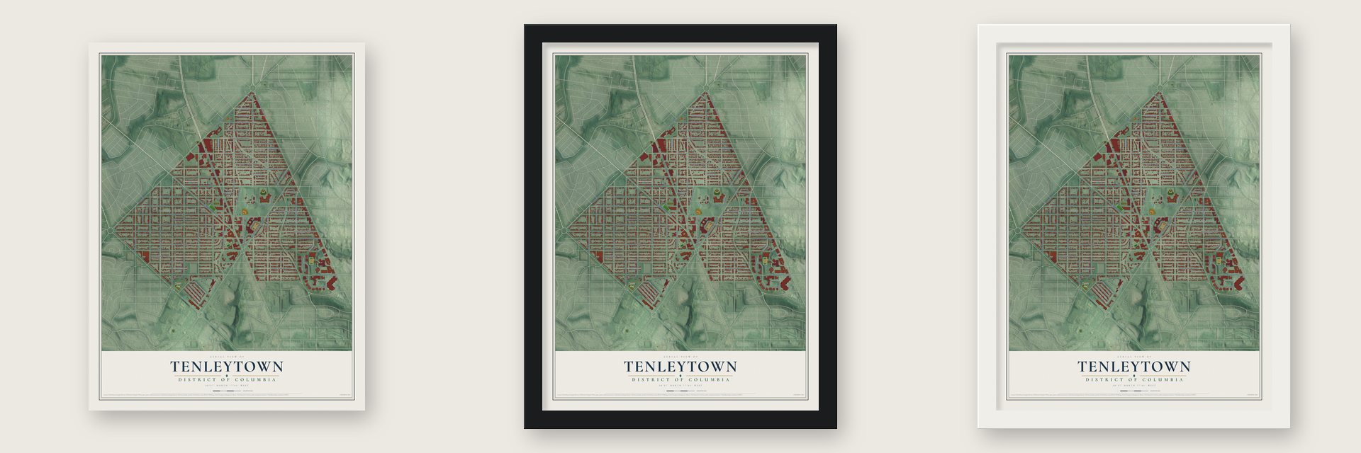 Tenleytown, District of Columbia map unframed, in a black wood frame and in a white wood frame