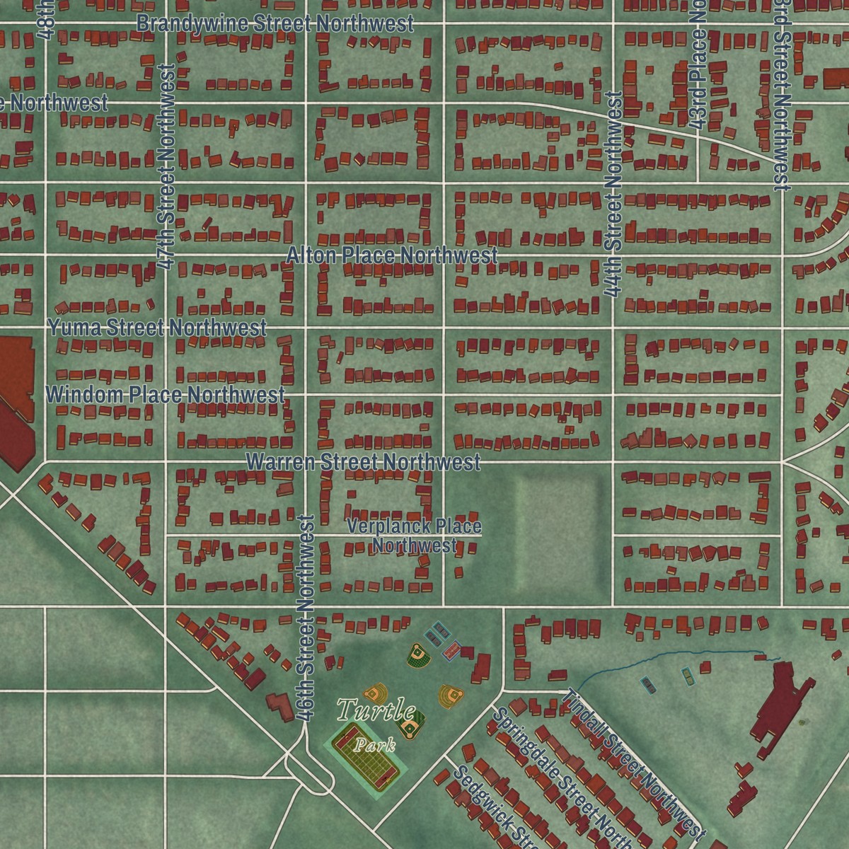 Second close-up of the map of Tenleytown, District of Columbia print showing more streets and buildings