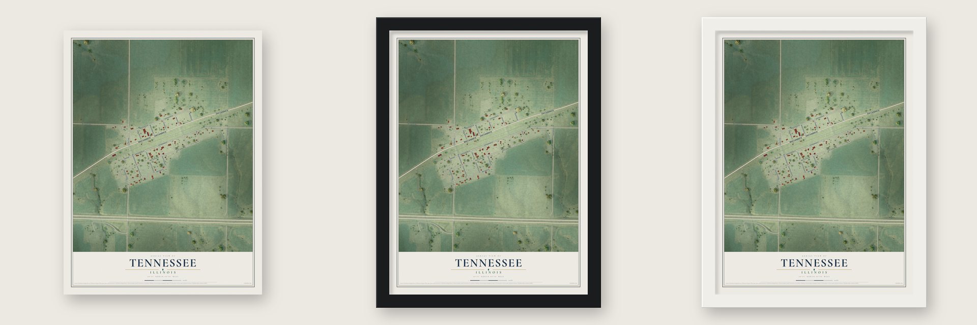 Tennessee, Illinois map unframed, in a black wood frame and in a white wood frame