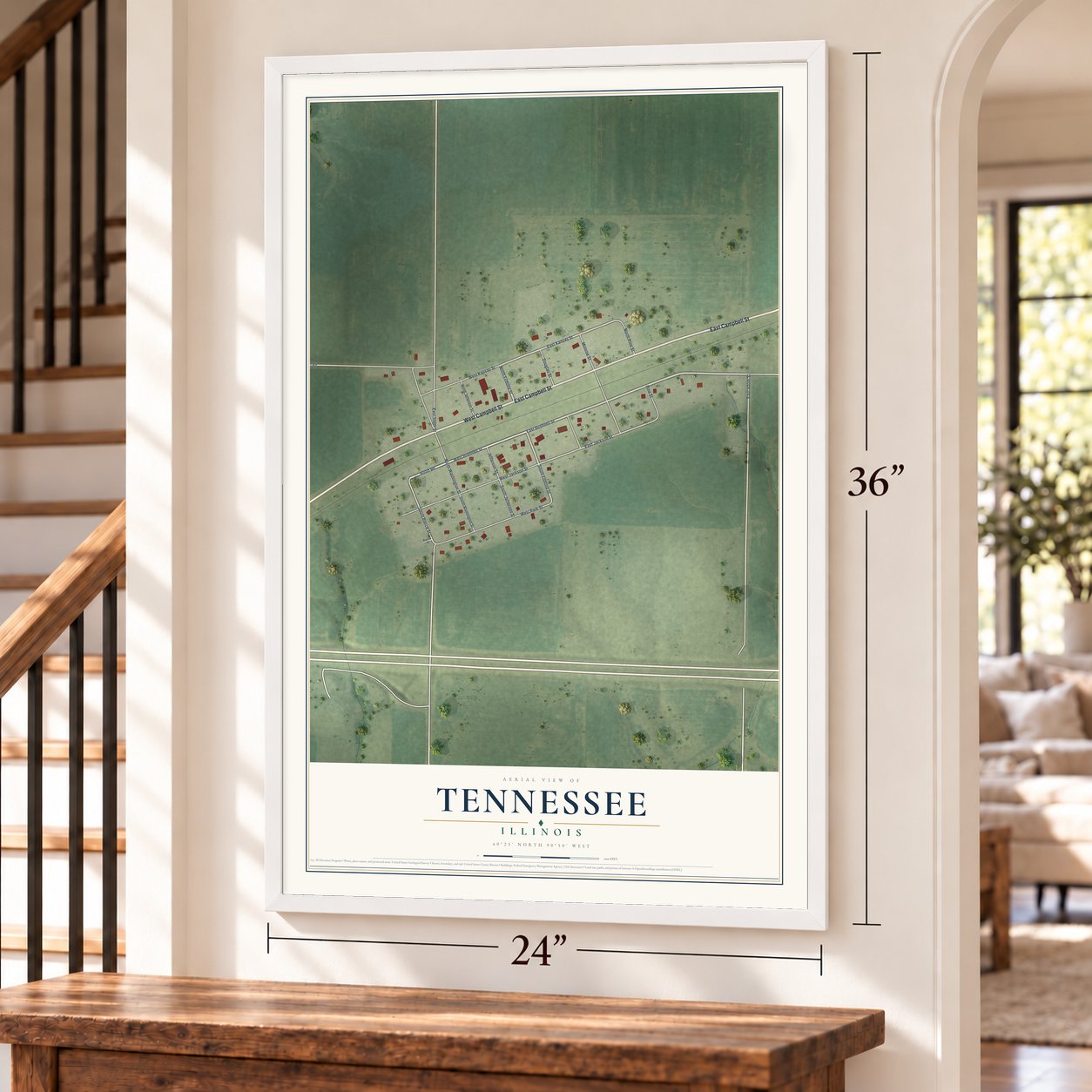 Tennessee, Illinois map, 24 x 36 inch print in a white frame by a staircase