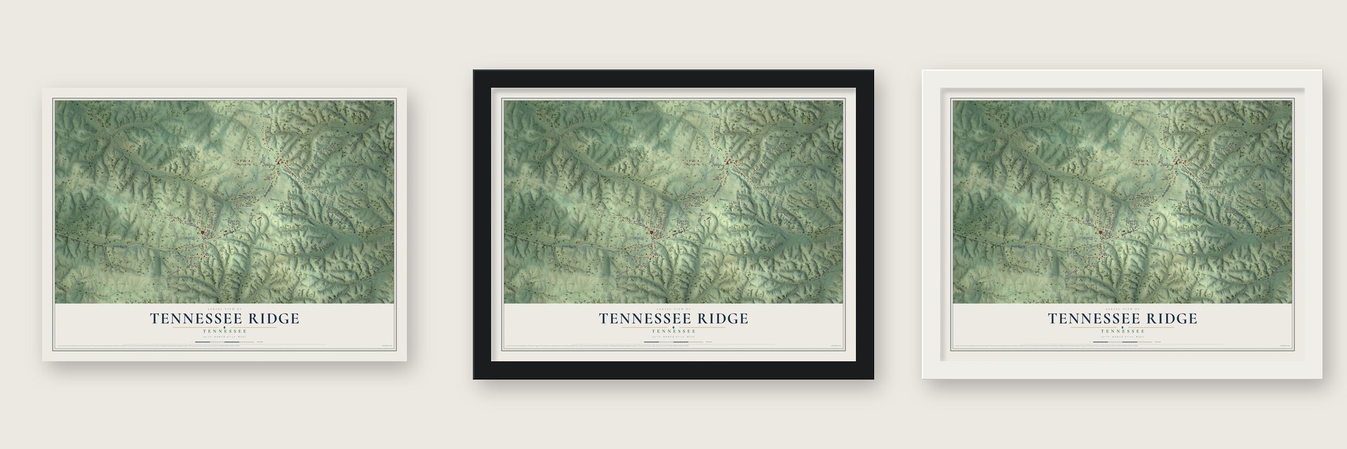 Tennessee Ridge, Tennessee map unframed, in a black wood frame and in a white wood frame