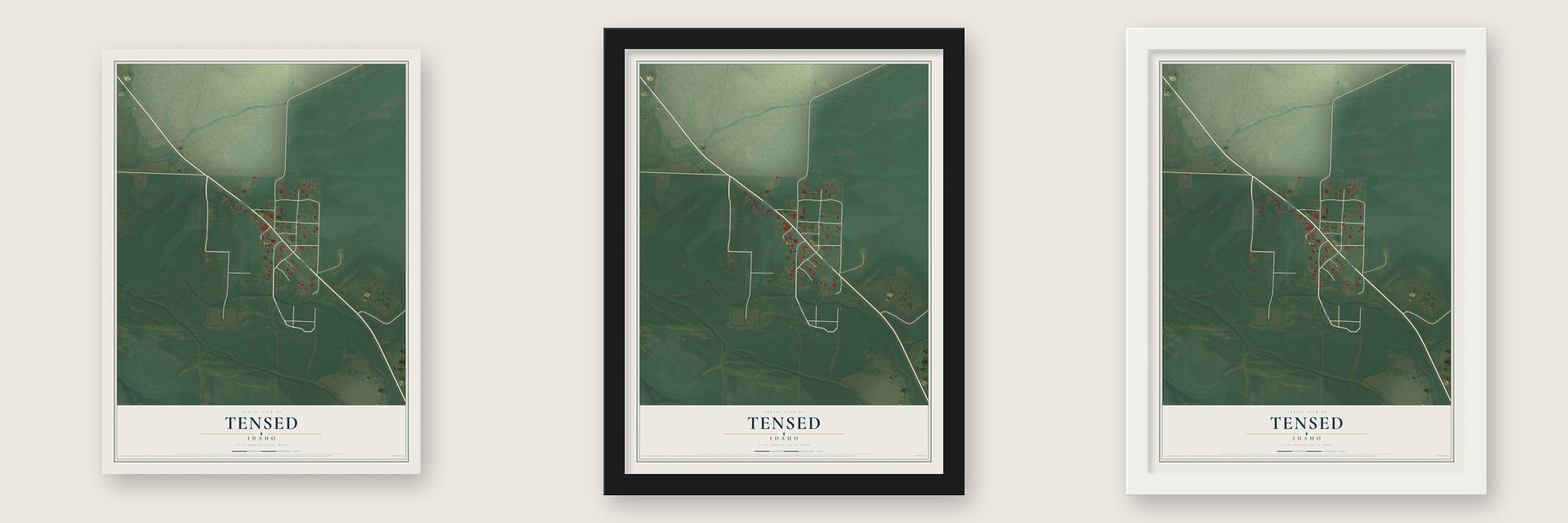 Tensed, Idaho map unframed, in a black wood frame and in a white wood frame