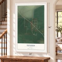 Tensed, Idaho map, 24 x 36 inch print in a white frame by a staircase