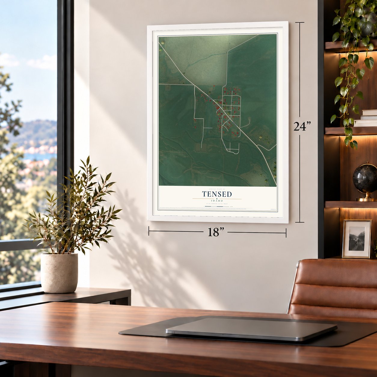 Tensed, Idaho map, 18 x 24 inch print in a white frame in a home office