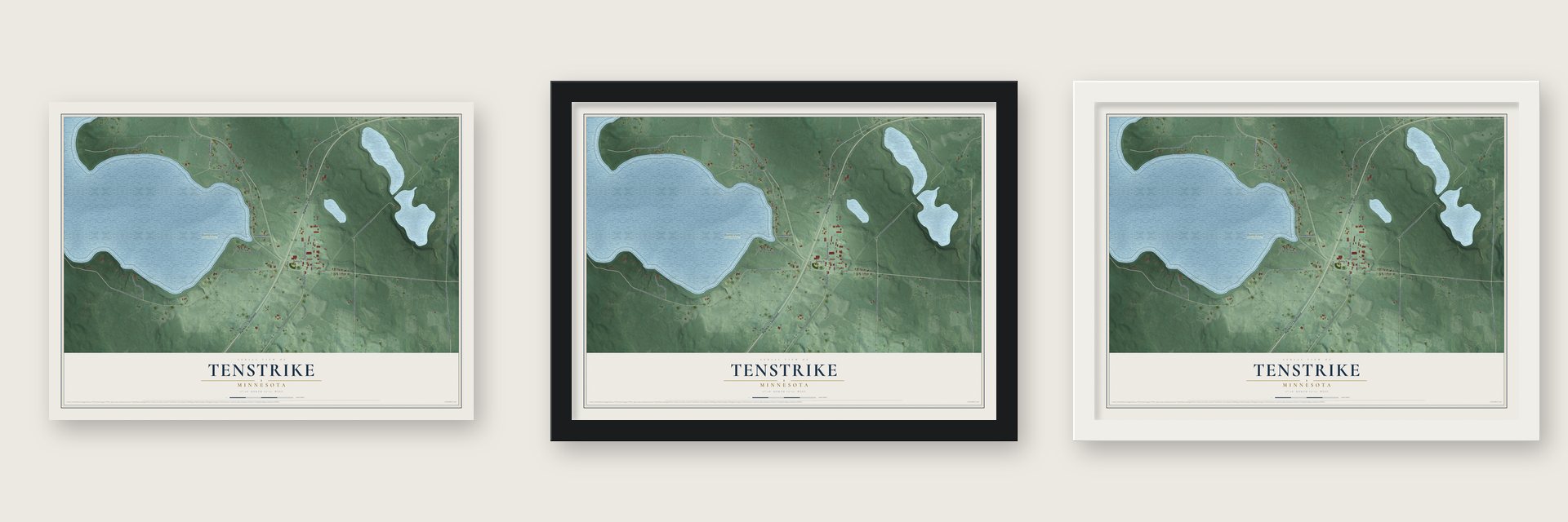 Tenstrike, Minnesota map unframed, in a black wood frame and in a white wood frame