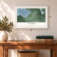 Tenstrike, Minnesota map, 12 x 18 inch print in a white frame in an entryway
