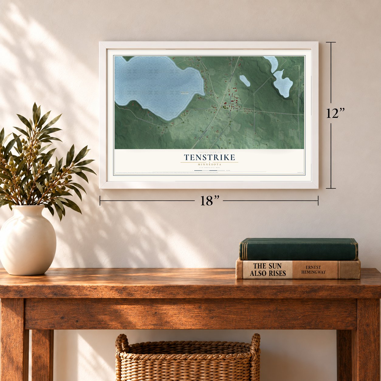 Tenstrike, Minnesota map, 12 x 18 inch print in a white frame in an entryway
