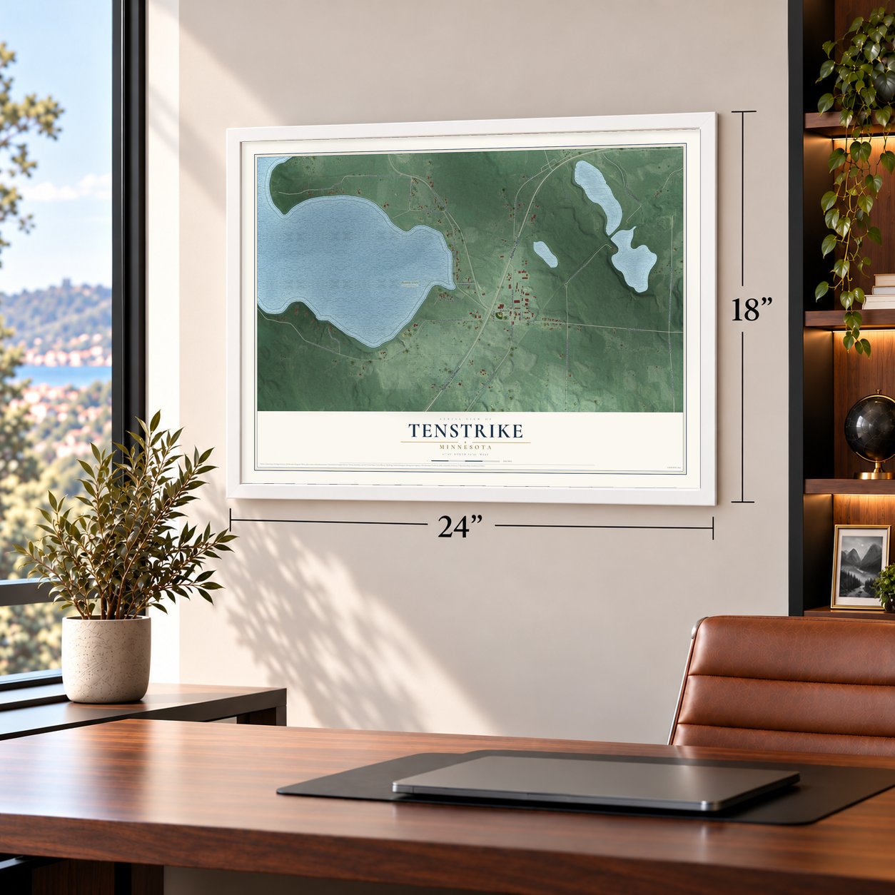 Tenstrike, Minnesota map, 18 x 24 inch print in a white frame in a home office