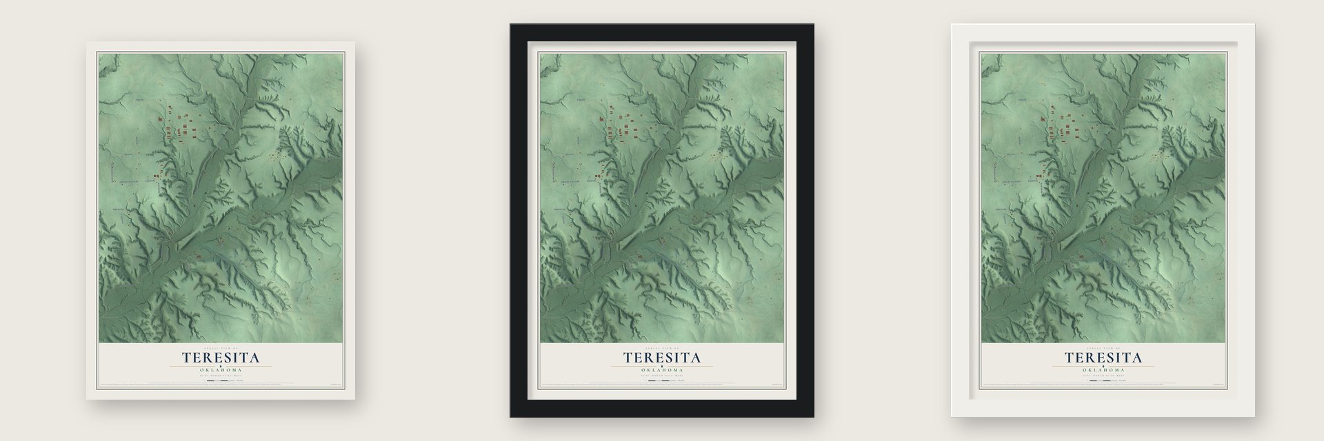Teresita, Oklahoma map unframed, in a black wood frame and in a white wood frame