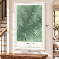 Teresita, Oklahoma map, 24 x 36 inch print in a white frame by a staircase