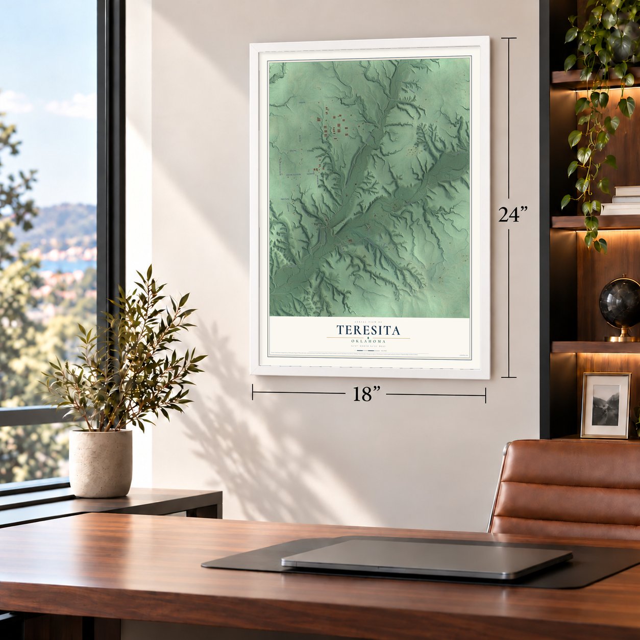 Teresita, Oklahoma map, 18 x 24 inch print in a white frame in a home office