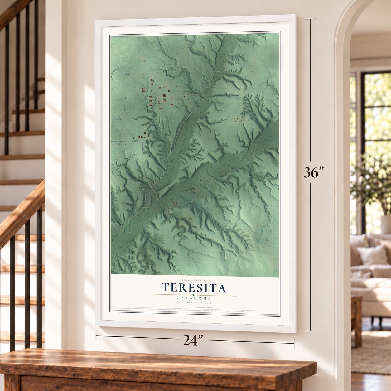 Teresita, Oklahoma map, 24 x 36 inch print in a white frame by a staircase