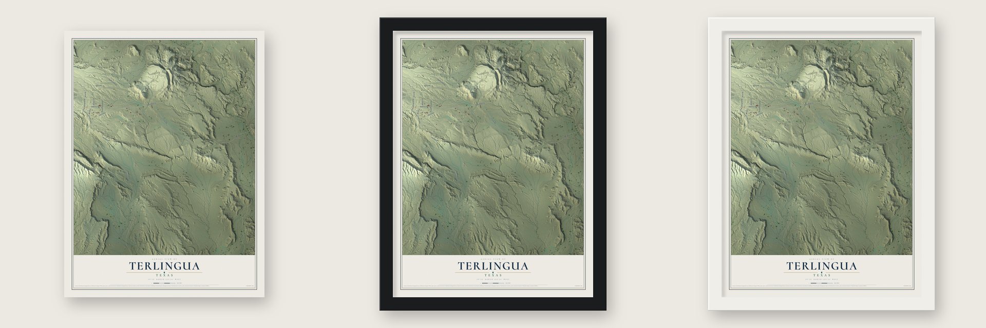 Terlingua, Texas map unframed, in a black wood frame and in a white wood frame