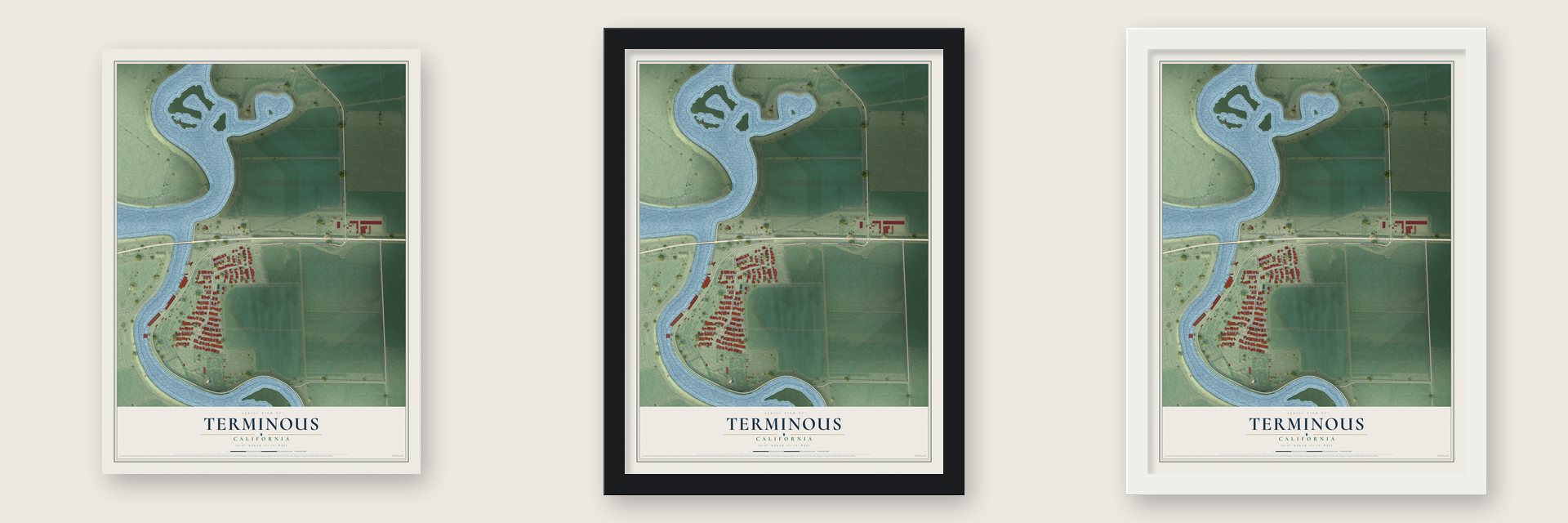 Terminous, California map unframed, in a black wood frame and in a white wood frame