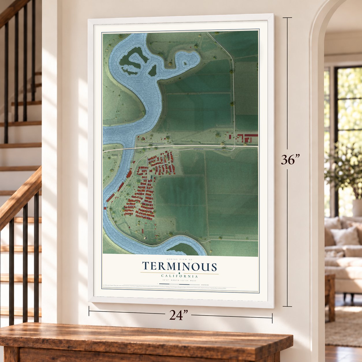 Terminous, California map, 24 x 36 inch print in a white frame by a staircase