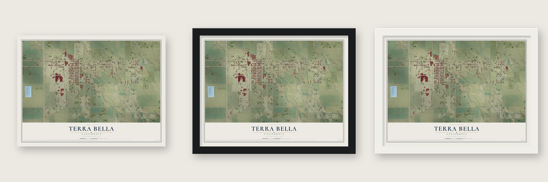 Terra Bella, California map unframed, in a black wood frame and in a white wood frame