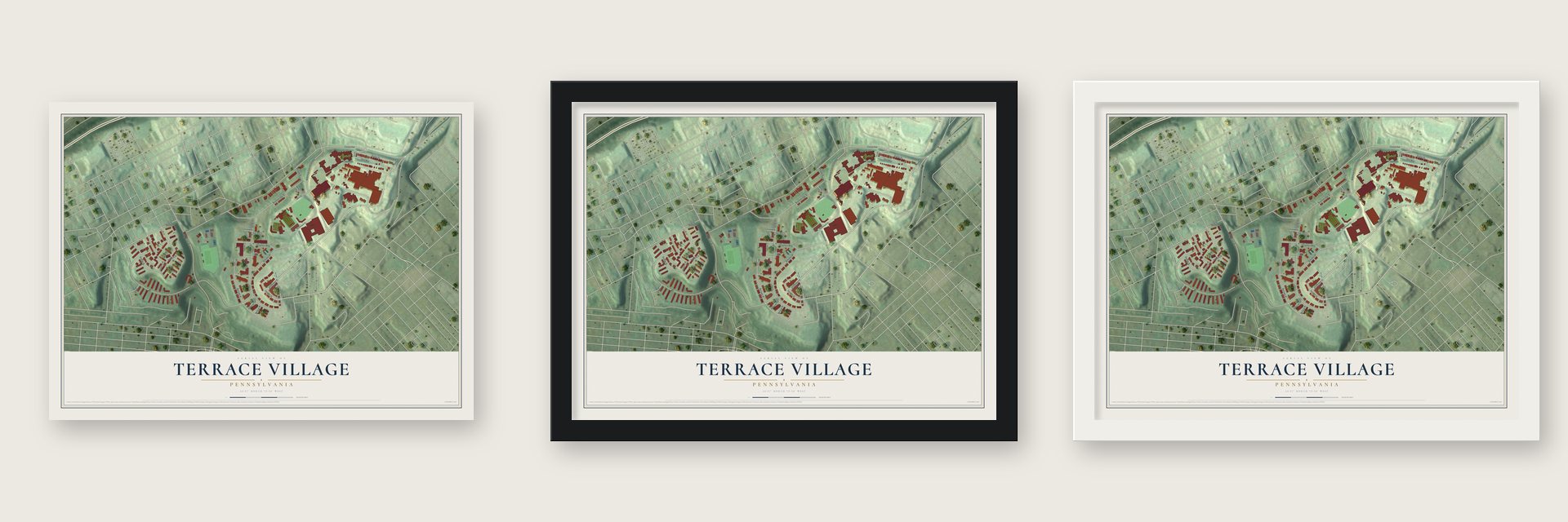 Terrace Village, Pennsylvania map unframed, in a black wood frame and in a white wood frame