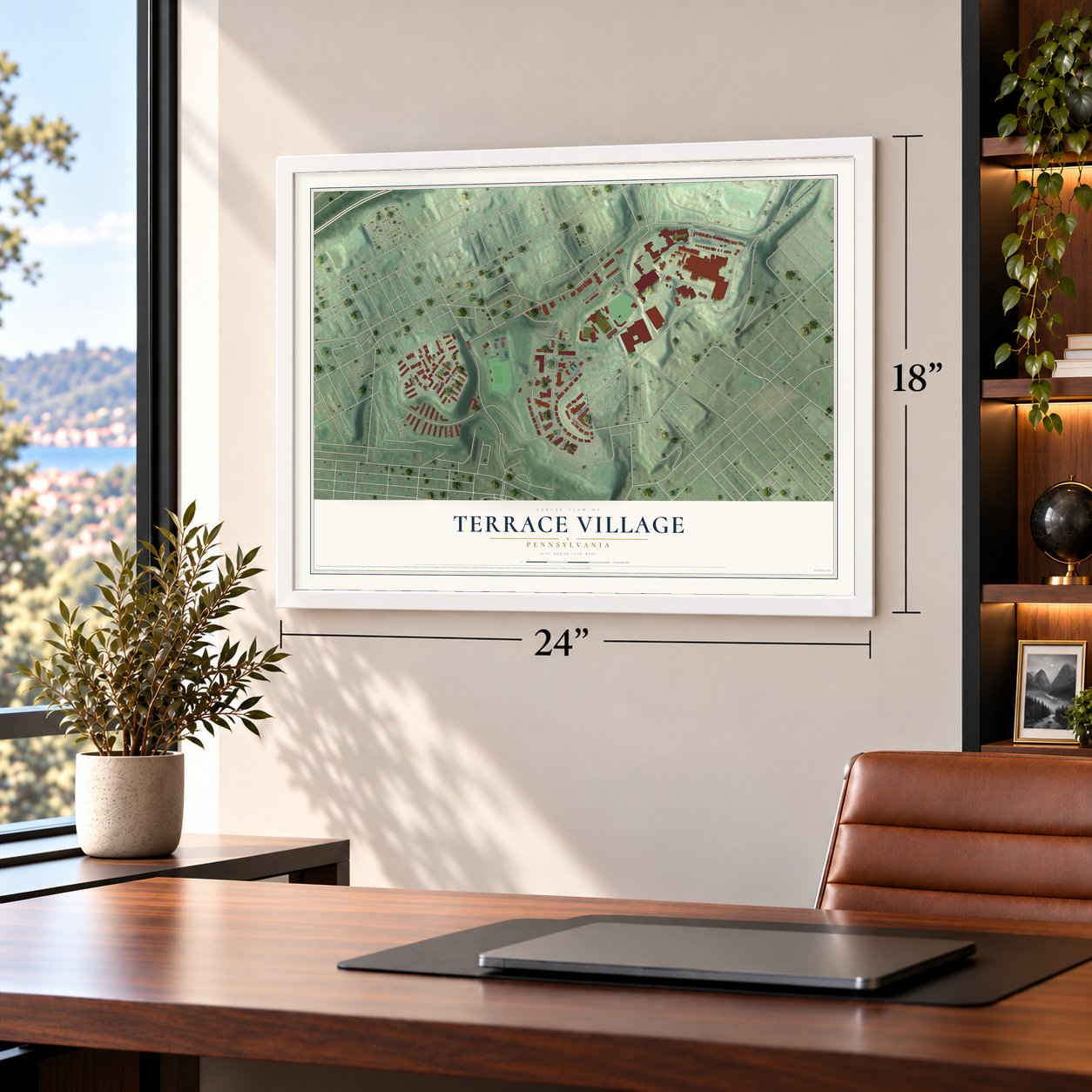 Terrace Village, Pennsylvania map, 18 x 24 inch print in a white frame in a home office