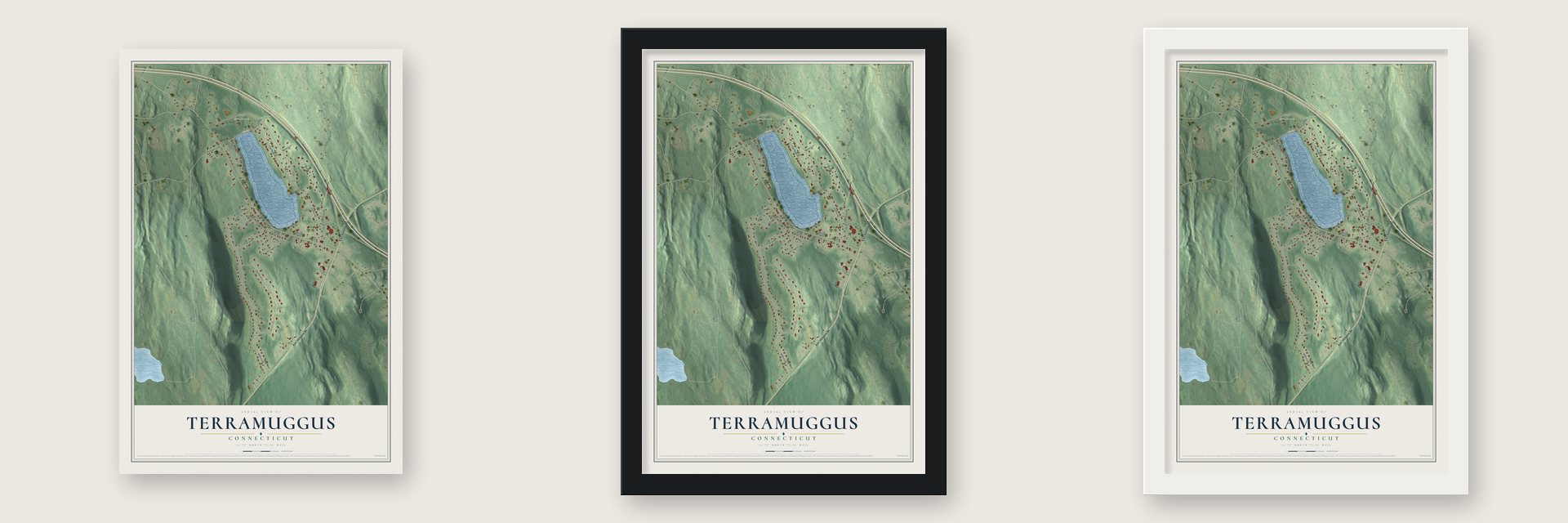Terramuggus, Connecticut map unframed, in a black wood frame and in a white wood frame