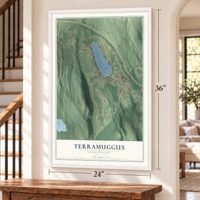 Terramuggus, Connecticut map, 24 x 36 inch print in a white frame by a staircase