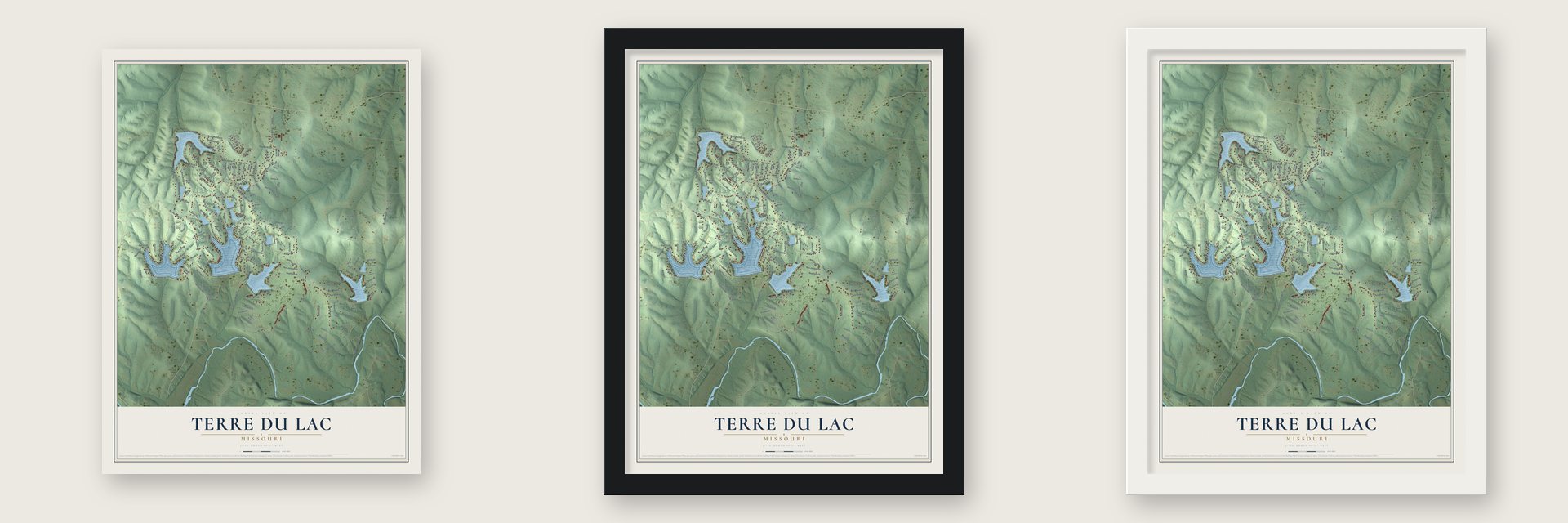 Terre du Lac, Missouri map unframed, in a black wood frame and in a white wood frame