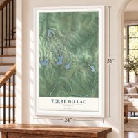 Terre du Lac, Missouri map, 24 x 36 inch print in a white frame by a staircase