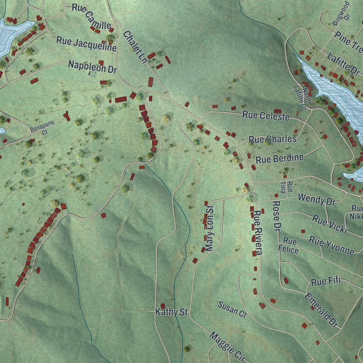 Second close-up of the map of Terre du Lac, Missouri print showing more streets and buildings