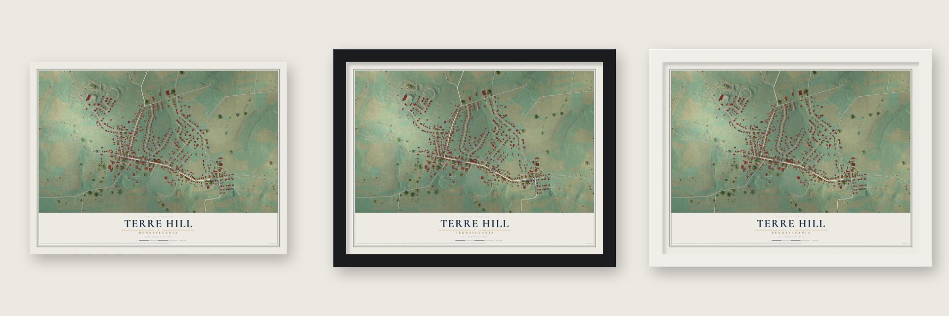 Terre Hill, Pennsylvania map unframed, in a black wood frame and in a white wood frame