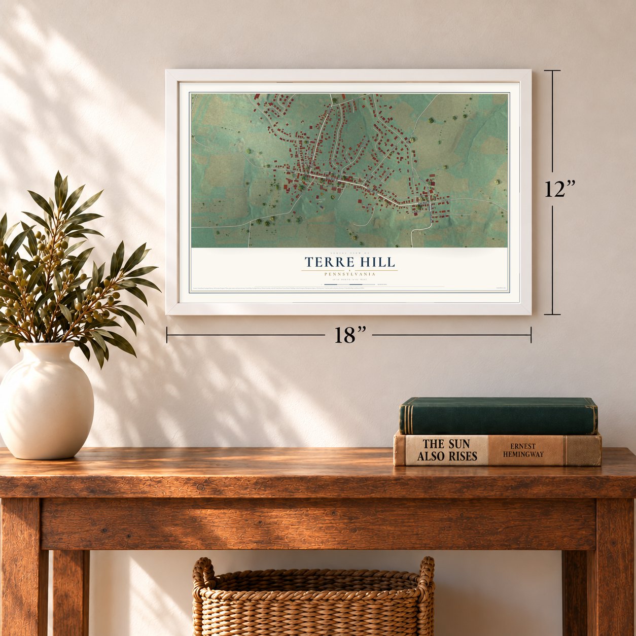 Terre Hill, Pennsylvania map, 12 x 18 inch print in a white frame in an entryway