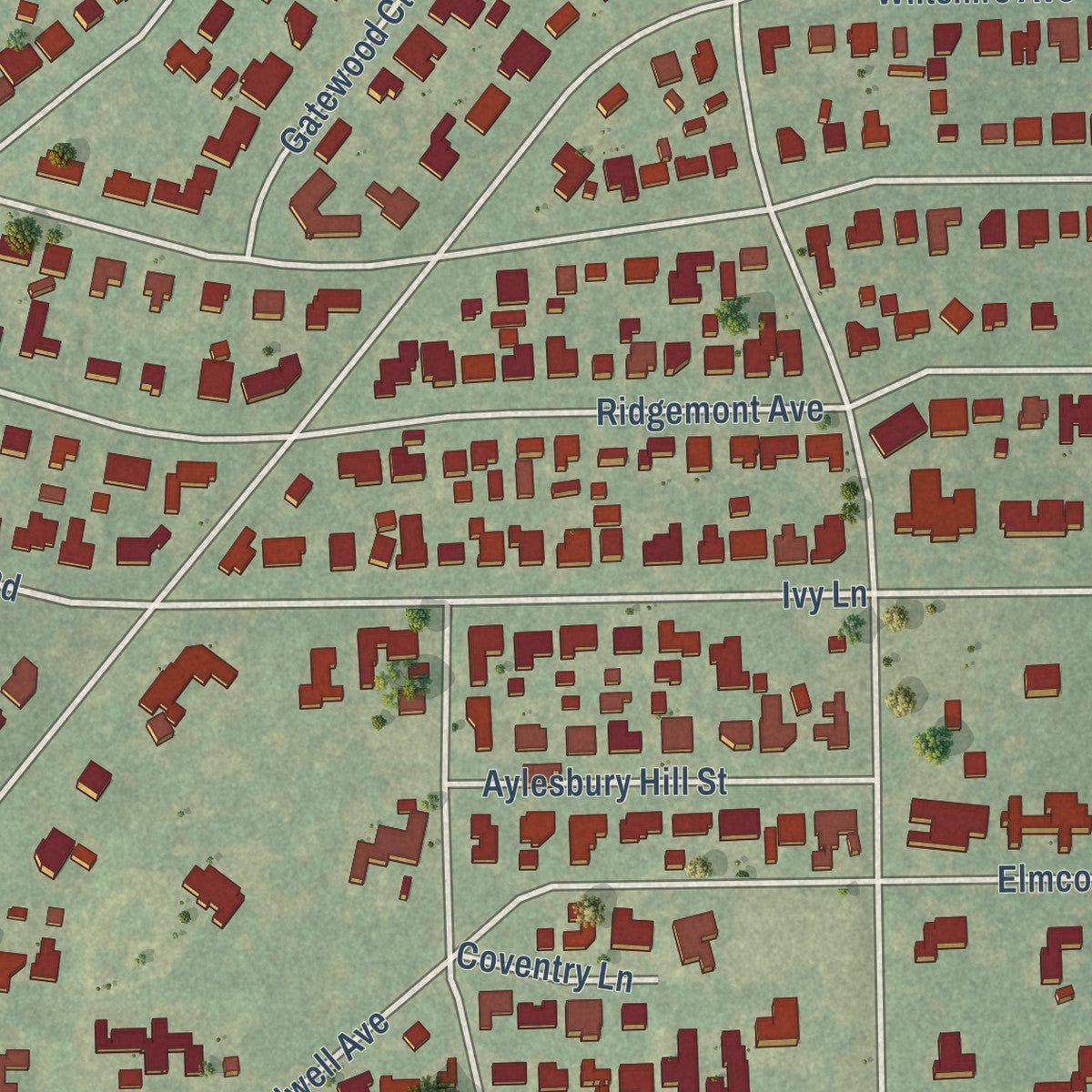 Second close-up of the map of Terrell Hills, Texas print showing more streets and buildings