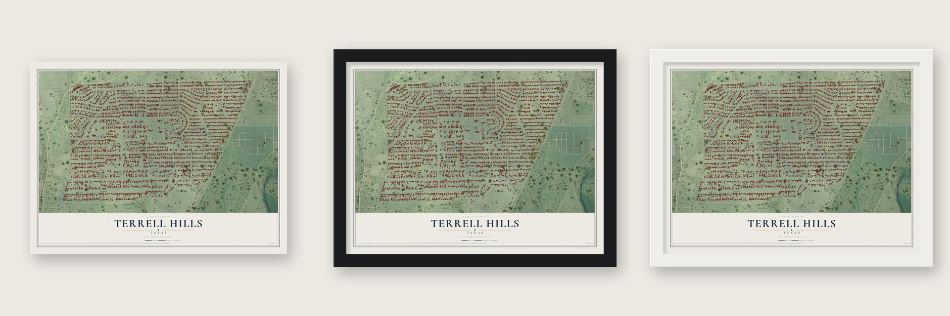Terrell Hills, Texas map unframed, in a black wood frame and in a white wood frame