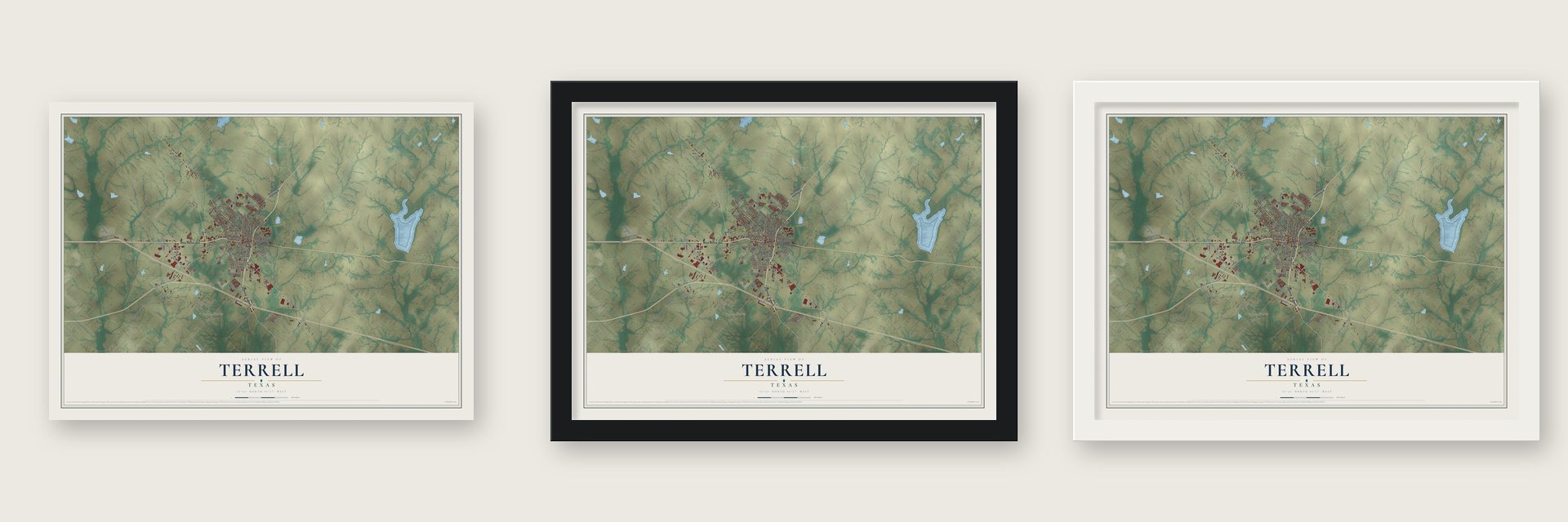 Terrell, Texas map unframed, in a black wood frame and in a white wood frame