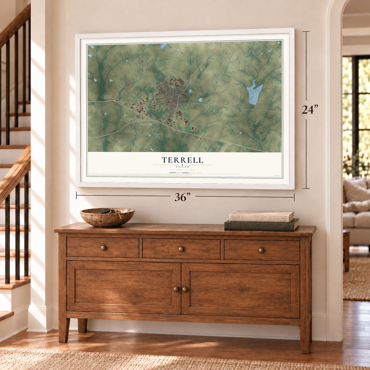 Terrell, Texas map, 24 x 36 inch print in a white frame above a dresser by a staircase