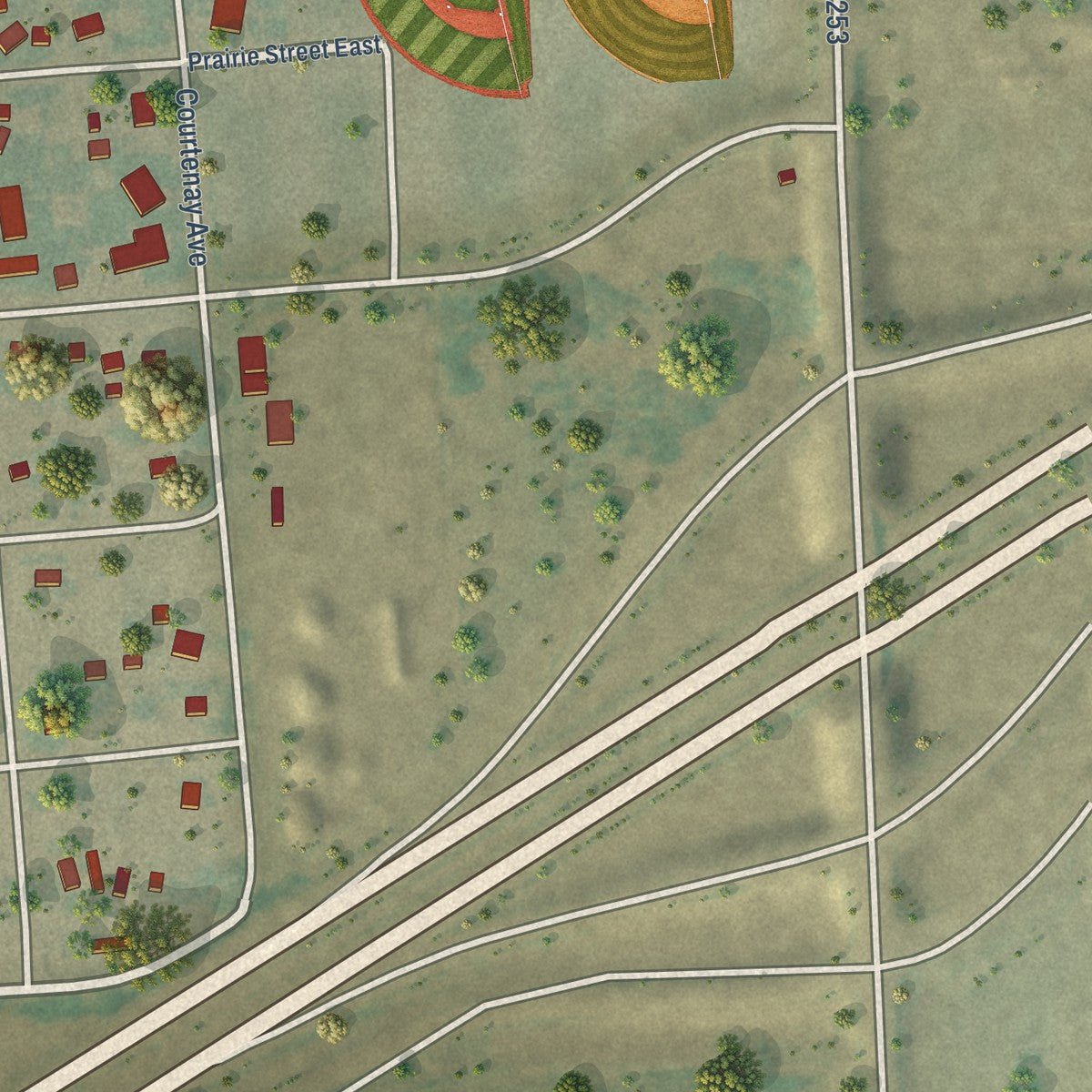 Second close-up of the map of Terry, Montana print showing more streets and buildings