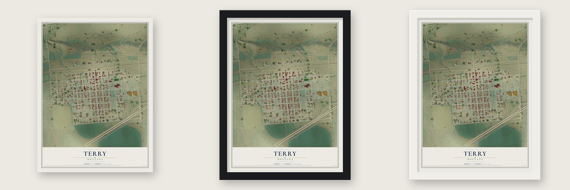 Terry, Montana map unframed, in a black wood frame and in a white wood frame