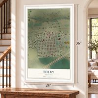 Terry, Montana map, 24 x 36 inch print in a white frame by a staircase