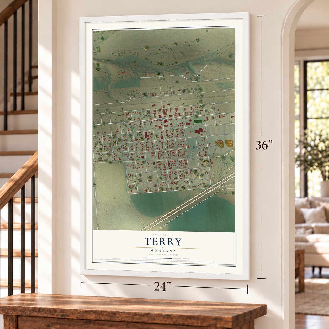 Terry, Montana map, 24 x 36 inch print in a white frame by a staircase