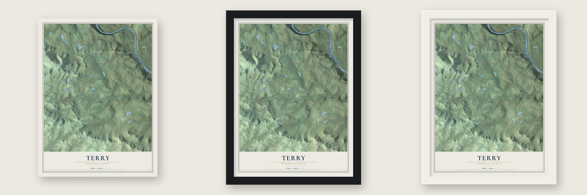 Terry, Pennsylvania map unframed, in a black wood frame and in a white wood frame