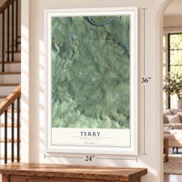 Terry, Pennsylvania map, 24 x 36 inch print in a white frame by a staircase