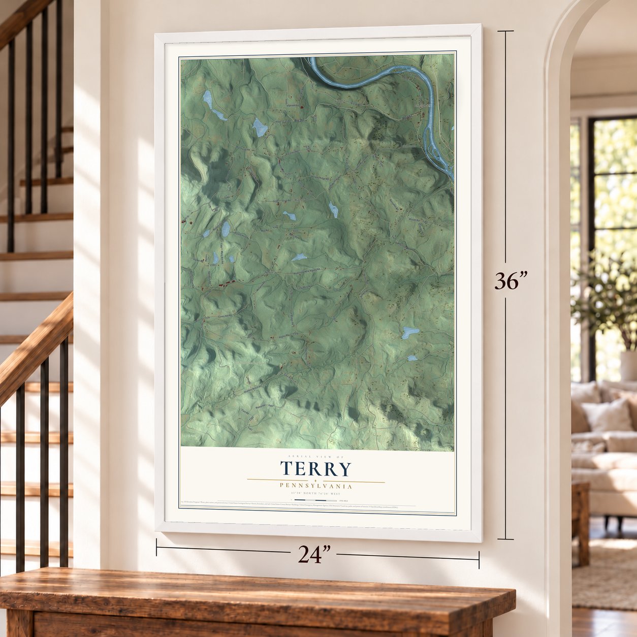 Terry, Pennsylvania map, 24 x 36 inch print in a white frame by a staircase