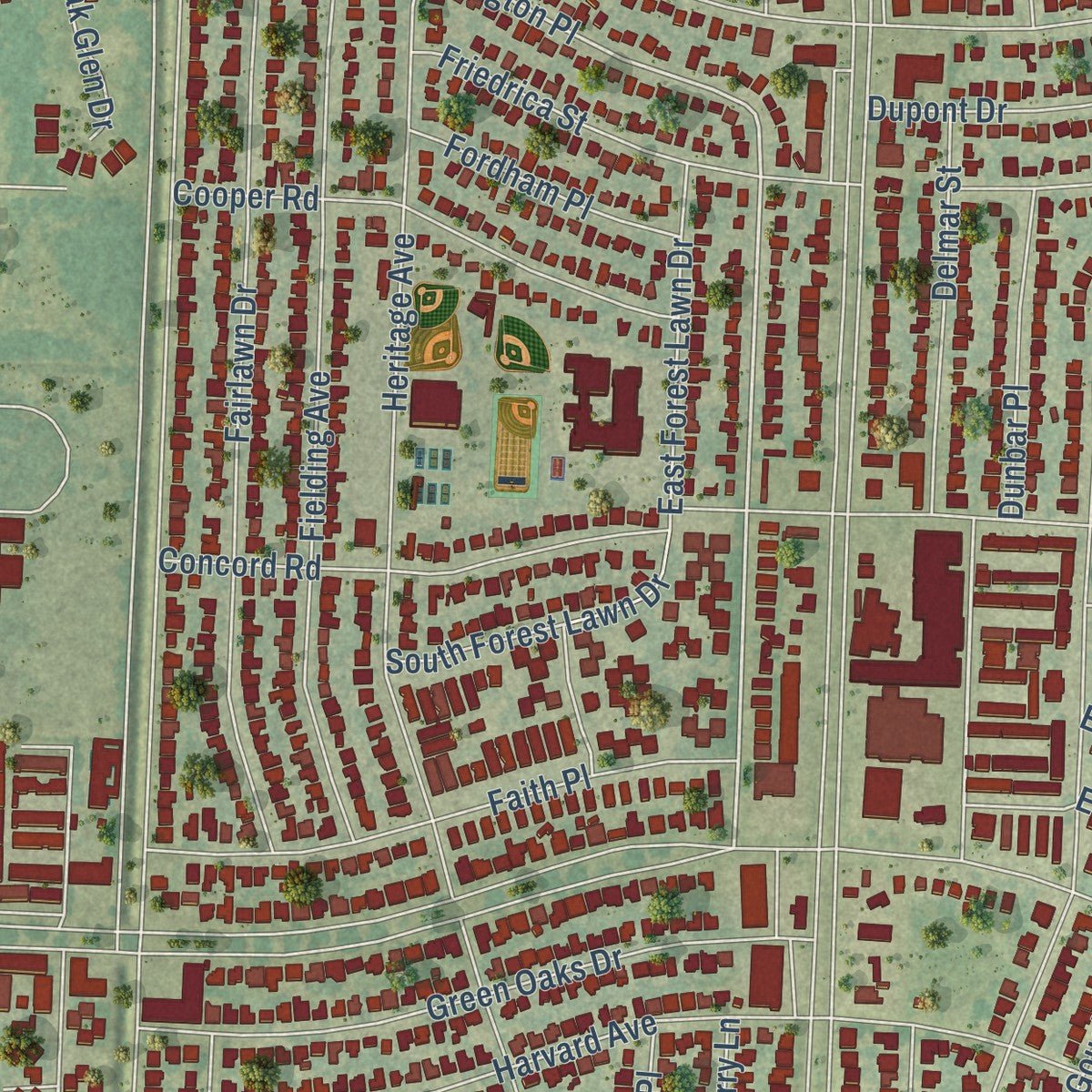 Second close-up of the map of Terrytown, Louisiana print showing more streets and buildings