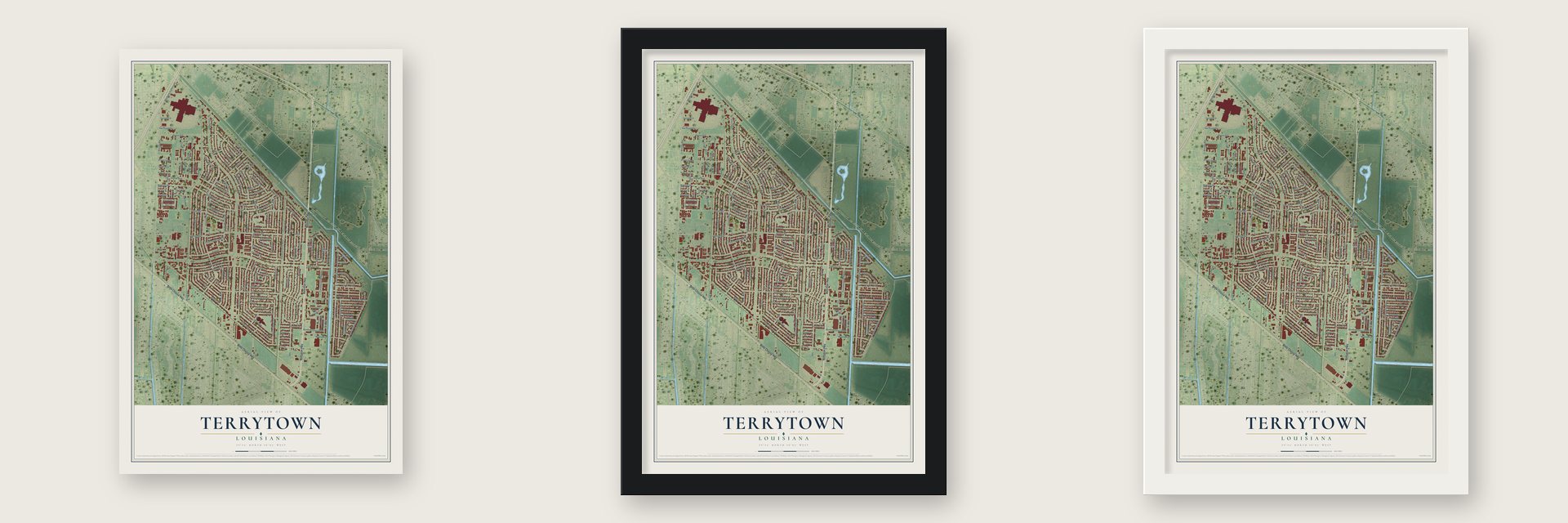 Terrytown, Louisiana map unframed, in a black wood frame and in a white wood frame