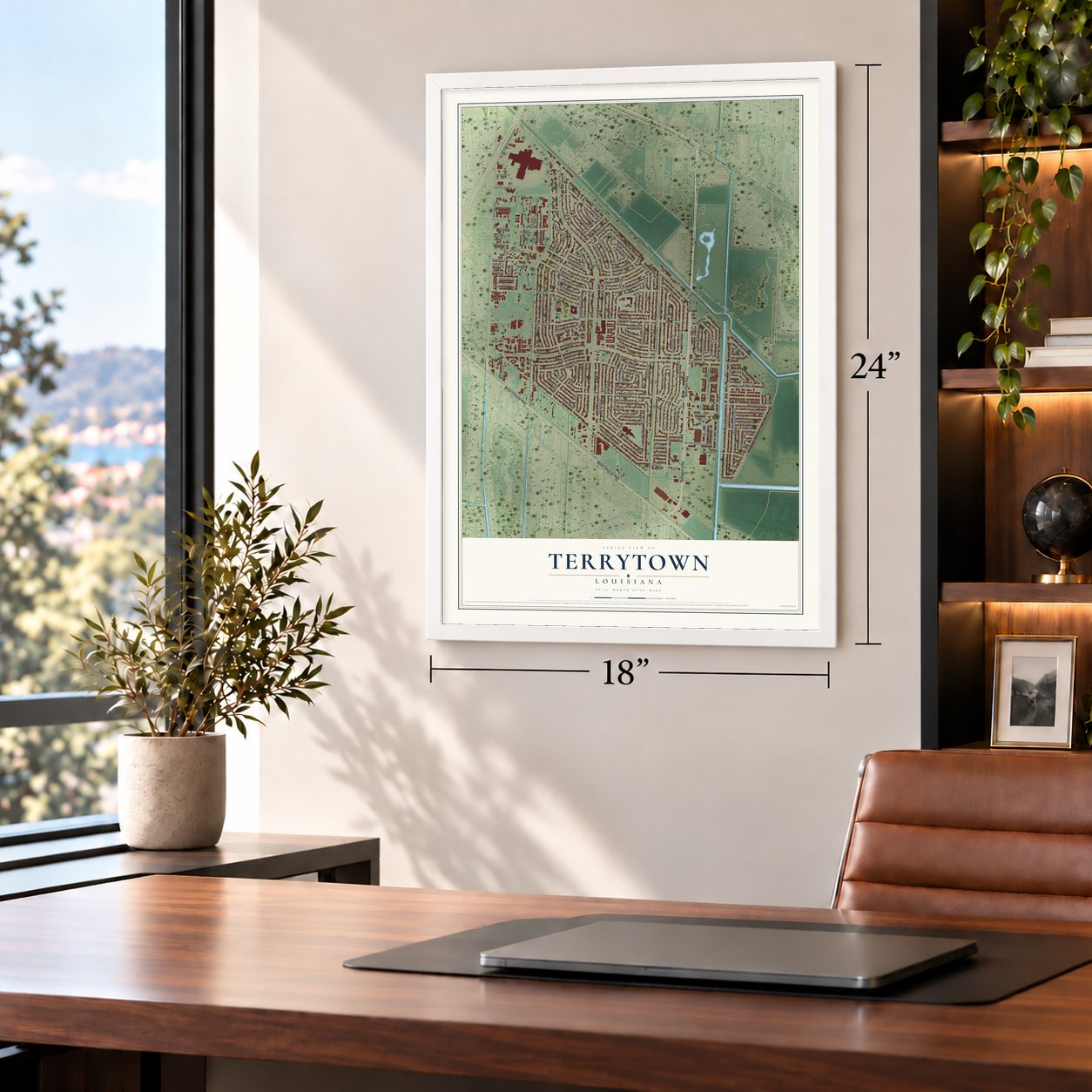 Terrytown, Louisiana map, 18 x 24 inch print in a white frame in a home office